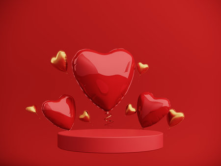 Premium podium, stand on bright background. Holiday greeting card for Valentine's Day - 3d, render with copy space on February 14, March 8. Studio with red hearts air balloons, symbol of love.の写真素材