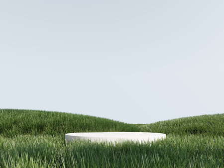3d render of podium, showcase, display in green grass. Unobtrusive botanical background with shadow on the wall.の写真素材