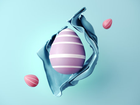 Happy Easter greeting card, template with painted eggs - 3D render. Modern abstract background for design, product presentations with copy space. Simple motion concept for holiday events.の写真素材