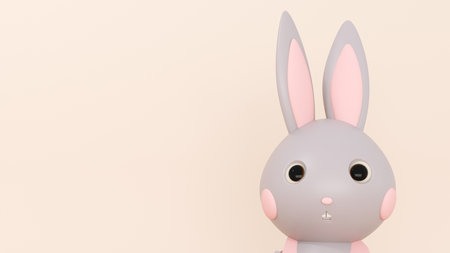 Happy Easter greeting card, template with bunny and eggs - 3d, render. Showcase podium, stand, platform for advertising products, goods. Festive background with cute rabbit, flowers with copy space.の写真素材