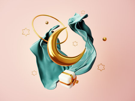 Ramadan Kareem greeting template with Arabic lantern, moon, gift, presents and stars. Holiday light background for advertising products - 3d render illustration for cards, greetings.の写真素材