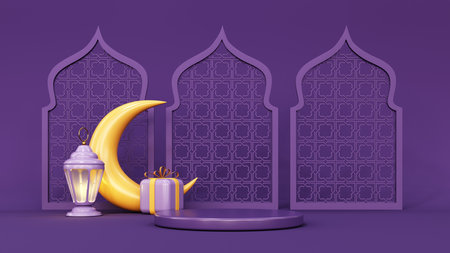 3d render of Ramadan Kareem holiday showcase, podium, display. Cartoon style gift boxes, crescent moon with stars, lanterns and arches. Pastel holiday baner mawlid, isra, iftar, miraj, muharram.の写真素材