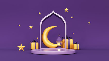 3d render of Ramadan Kareem holiday showcase, podium, display. Cartoon style gift boxes, crescent moon with stars, lanterns and arches. Pastel holiday baner mawlid, isra, iftar, miraj, muharram.の写真素材