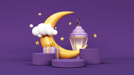 3d render of Ramadan Kareem holiday showcase, podium, display. Cartoon style gift boxes, crescent moon with stars, lanterns and arches. Pastel holiday baner mawlid, isra, iftar, miraj, muharram.の写真素材