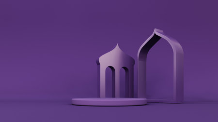 3d render of Ramadan Kareem holiday showcase, podium, display. Cartoon style gift boxes, crescent moon with stars, lanterns and arches. Pastel holiday baner mawlid, isra, iftar, miraj, muharram.の写真素材