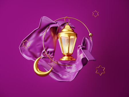 Ramadan Kareem greeting template with Arabic lantern, moon, gift, presents and stars. Holiday light background for advertising products - 3d render illustration for cards, greetings.の写真素材