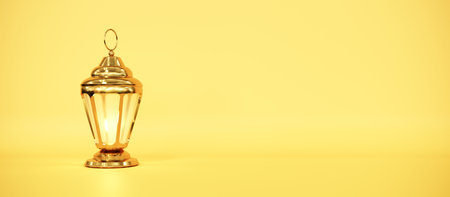 Ramadan Kareem greeting template with Arabic lantern, moon, gift, presents and stars. Podium, stand on holiday light background for advertising products - 3d render illustration for cards, greetings.の写真素材