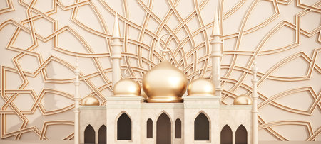 Ramadan Kareem greeting template with Muslim mosque on the background of golden floral ornament. Architectural background with the temple building with golden dome and month -3D render, illustration.の写真素材