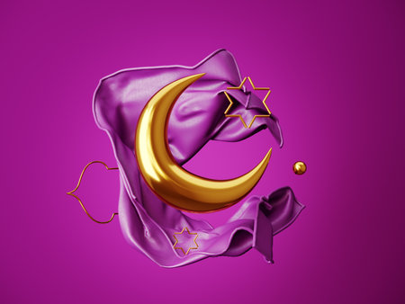 Ramadan Kareem greeting template with Arabic lantern, moon, gift, presents and stars. Holiday light background for advertising products - 3d render illustration for cards, greetings.の写真素材