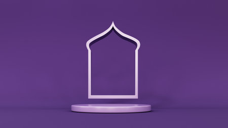 3d render of holiday showcase, podium, display. Cartoon style gift boxes, crescent moon with stars, lanterns and arches. Pastel holiday baner.の写真素材