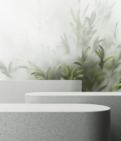 3D rendering of a marble podium displaying vibrant tropical plants in a sleek, minimalist design. Modern, eco-friendly display featuring lush green foliage behind frosted glass. Exotic plant backdrop for cosmetics advertising.の写真素材