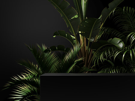3D render podium, showcase on dark black background with green tropical leaves of plants. Abstract natural, organic background for advertising products, spa body care, relaxation, health.の写真素材