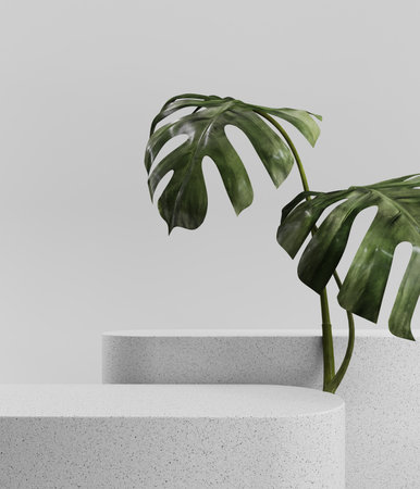 3D rendering of a light stone podium with monstera leaves. Cosmetic product mockup for advertising and presentations. Display, showcase.の写真素材