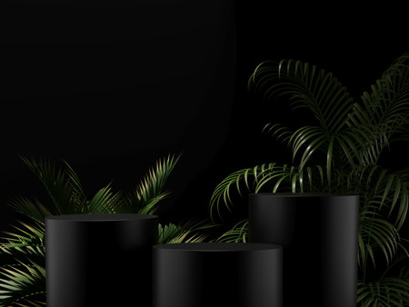 3D render podium, showcase on dark black background with green tropical leaves of plants. Abstract natural, organic background for advertising products, spa body care, relaxation, health.の写真素材