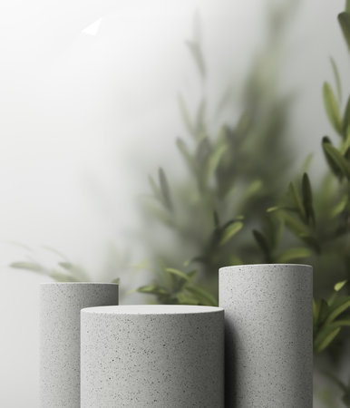3D rendering of a marble podium displaying vibrant tropical plants in a sleek, minimalist design. Modern, eco-friendly display featuring lush green foliage behind frosted glass. Exotic plant backdrop for cosmetics advertising.の写真素材