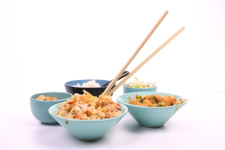 Home made Chinese food  against a white backgroundの写真素材
