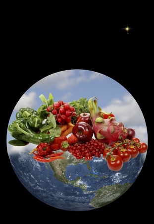 Planet earth in space whit rich fresh fruits and vegetablesの写真素材