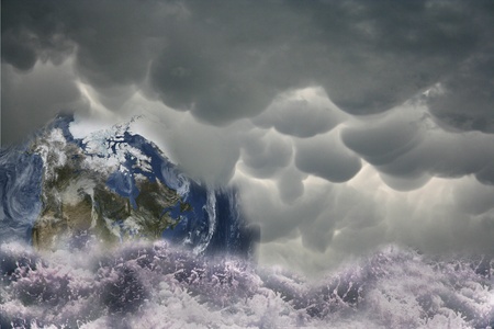 Planet earth surrounded by clouds and stormy water