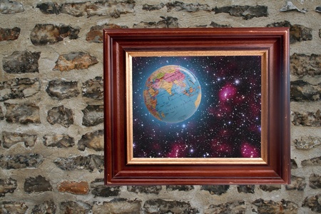 Earth in a frame on a Flintstones embedded  wall 