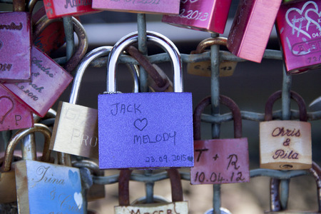 Cologne,Germany,-june 2016: Thousands of locks on the railway bridgeのeditorial素材