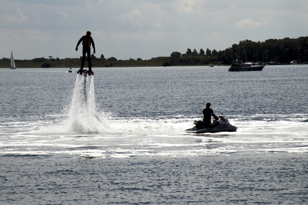 Veerse Meer,northsea beach august 2017: flying water board on the Veerse Meerのeditorial素材