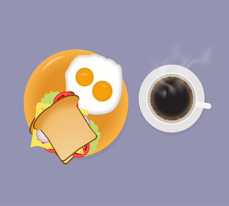 Breakfast with coffee sandwich and fried eggs. Top view vector illustrationのイラスト素材