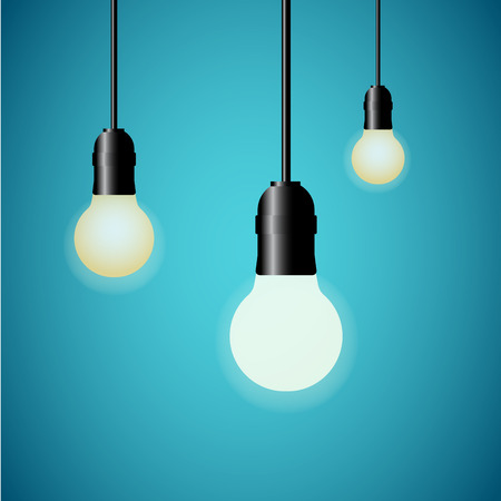 Hanging light bulbs glowing on blue background. Vector illustration.のイラスト素材