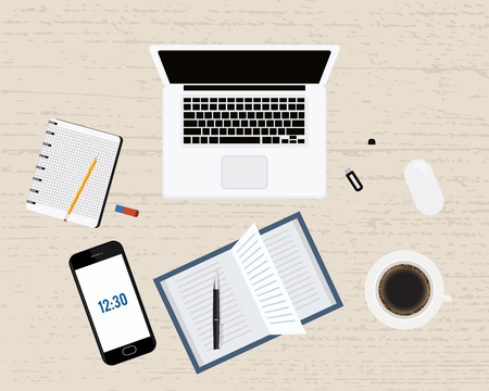 Modern office or freelancer workplace with laptop,notebook, coffee, pen, smartphone and mouse . Wood background. Top view vector illustration.のイラスト素材