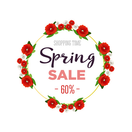 Spring sale background banner with colorful flowers. 60 percent Off. Vector illustration.のイラスト素材