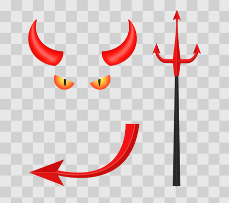 Devil horns, trident, eyes and tail isolated on transparent checkered background. Vector illustration.のイラスト素材