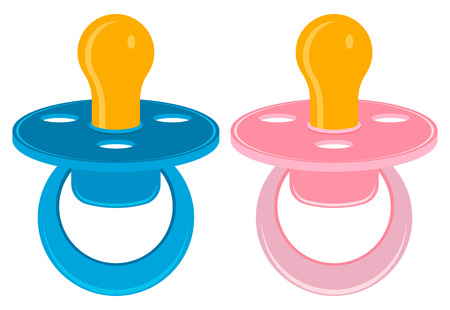 Baby blue and pink pacifiers or dummies. Flat style vector illustration isolated on white backgroundのイラスト素材