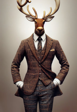 Retro style portrait of a deer in a suit and tie.の素材