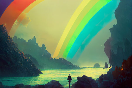 Fantasy landscape with sea and rainbow. 3d render illustration.の素材