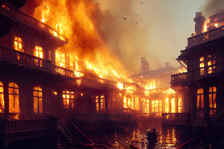 Burning house in the middle of the city. Fire in the city.の素材