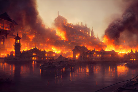 Burning buildings on the banks of the Vltava river.の素材