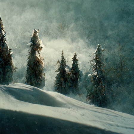 Beautiful winter landscape with snow covered fir trees in the mountains.の素材