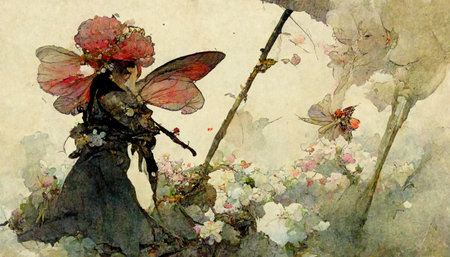 Fantasy illustration of a fairy with a bouquet of flowers.の素材