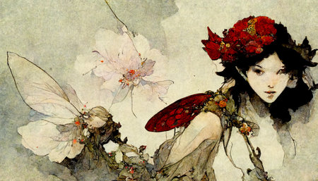 Beautiful girl with a butterfly in her hair and flowers in her hairの素材