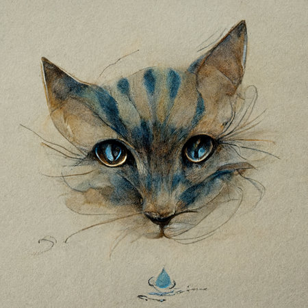 Hand drawn watercolor portrait of a blue cat with blue eyes.の素材