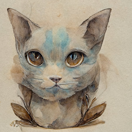 Watercolor portrait of a gray cat with blue eyes and feathers.の素材