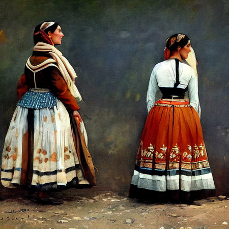 Digital painting of two women in national dress. They are standing back to back.の素材