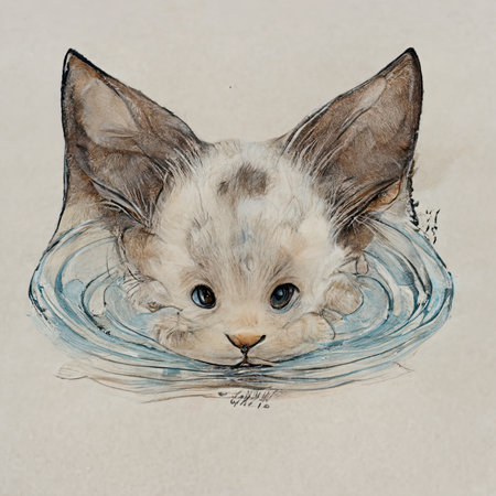 Watercolor portrait of a cute cat with blue eyes in water.の素材