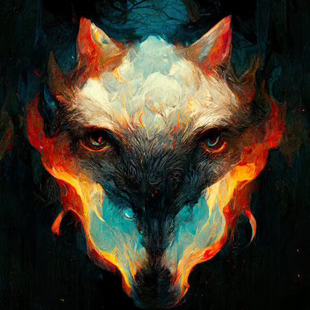 Portrait of a fox in the fire. Fire and smoke.の素材