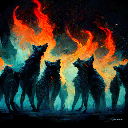 Wolf in the fire. Illustration on a black background.の素材