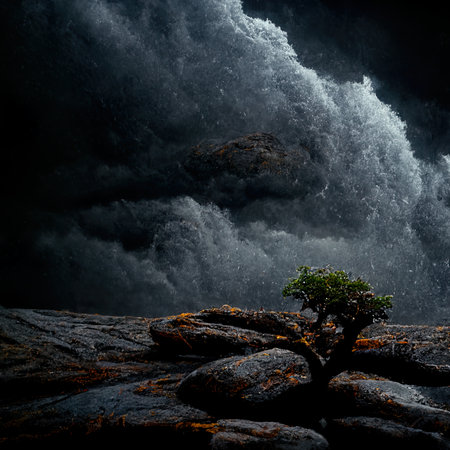 Tree growing on a rock in the middle of a stormy waterfallの素材