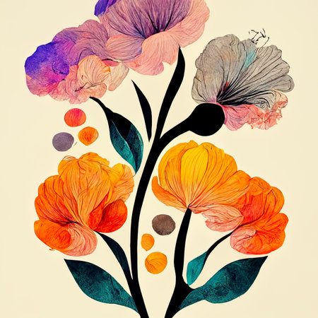 abstract floral background with watercolor hand drawn flowers and leafsの素材