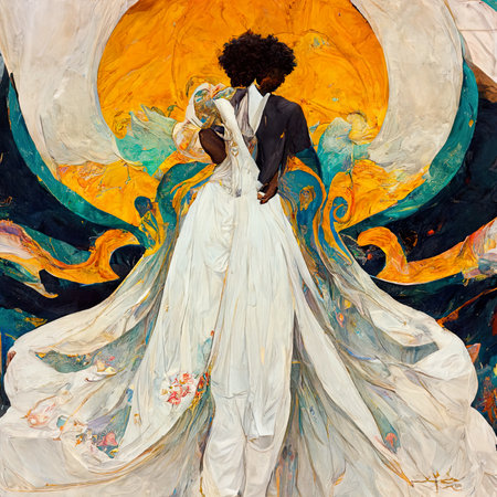 Beautiful african american woman in white wedding dress and black man with curly hair in studio.の素材