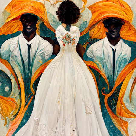 African American bride and groom in a beautiful wedding dress and orange veil.の素材