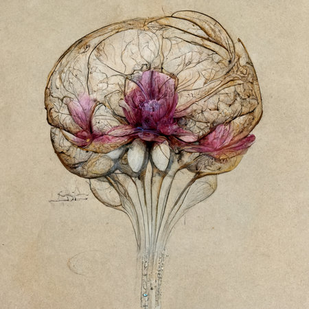 Digital illustration of a brain with flower in the middle on old paperの素材