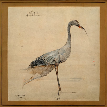 Old photo with a picture of heron on a white background.の素材